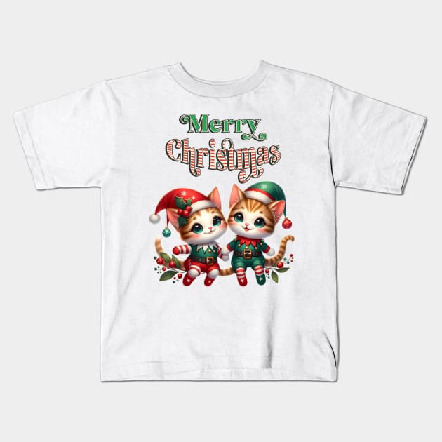 Merry Christmas Elf Kittens Kids T-Shirt by BrisaArtPrints